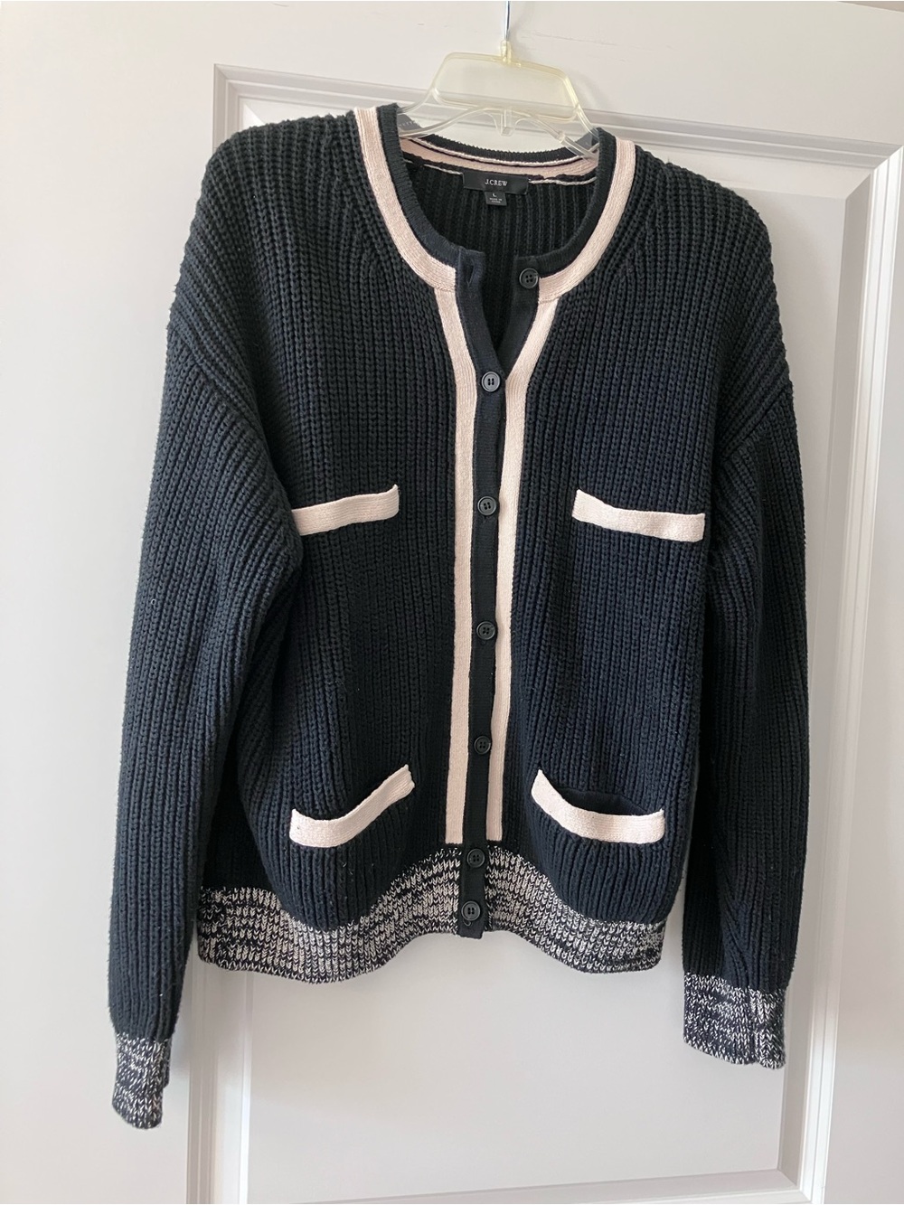 J. Crew Black Knit Cardigan with Cream Trim